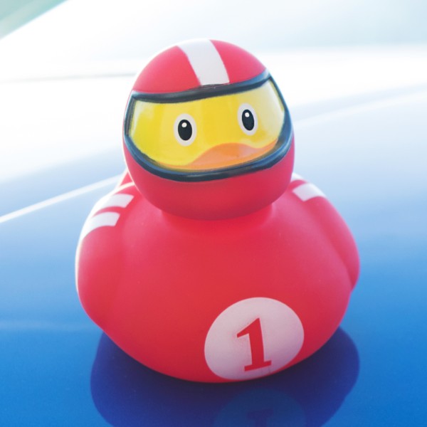 LILALU rubber duck Racer red on a car