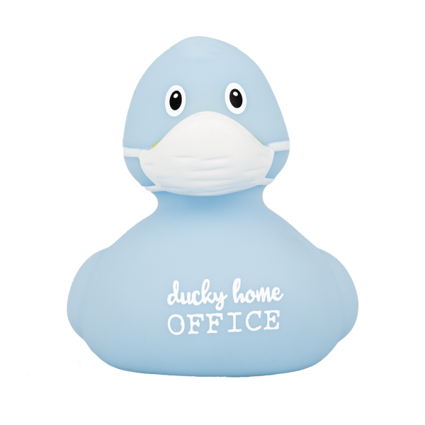 LILALU rubber duck Corona light blue lettering front view