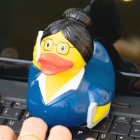 LILALU rubber duck business woman on a keyboard